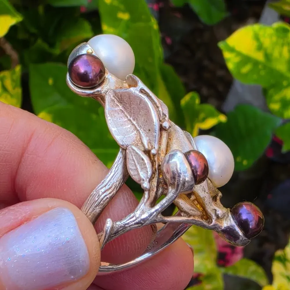 Vintage Sterling Silver Faux Pearl Botanical Statement Ring Sz 8.5